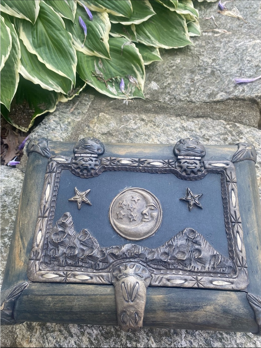 Decorative carved Moon & Stars Trinket Box in Aged Bronze Finish